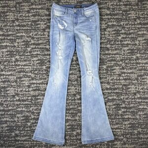Suede Farrah Flare Jeans Junior 25 Light Wash Blue Distressed High Rise Boho